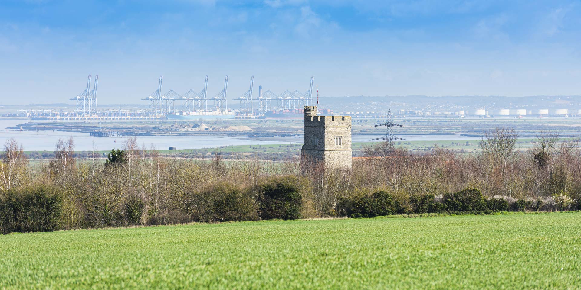 St Mary's Church in Chalk near Gravesend in Kent, England. Thames estuary and Essex can be seen in the distance